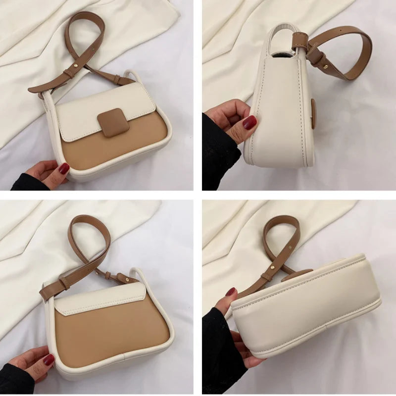 PU Leather Shoulder Square Bag Contrast Small Flap Handbag for Women