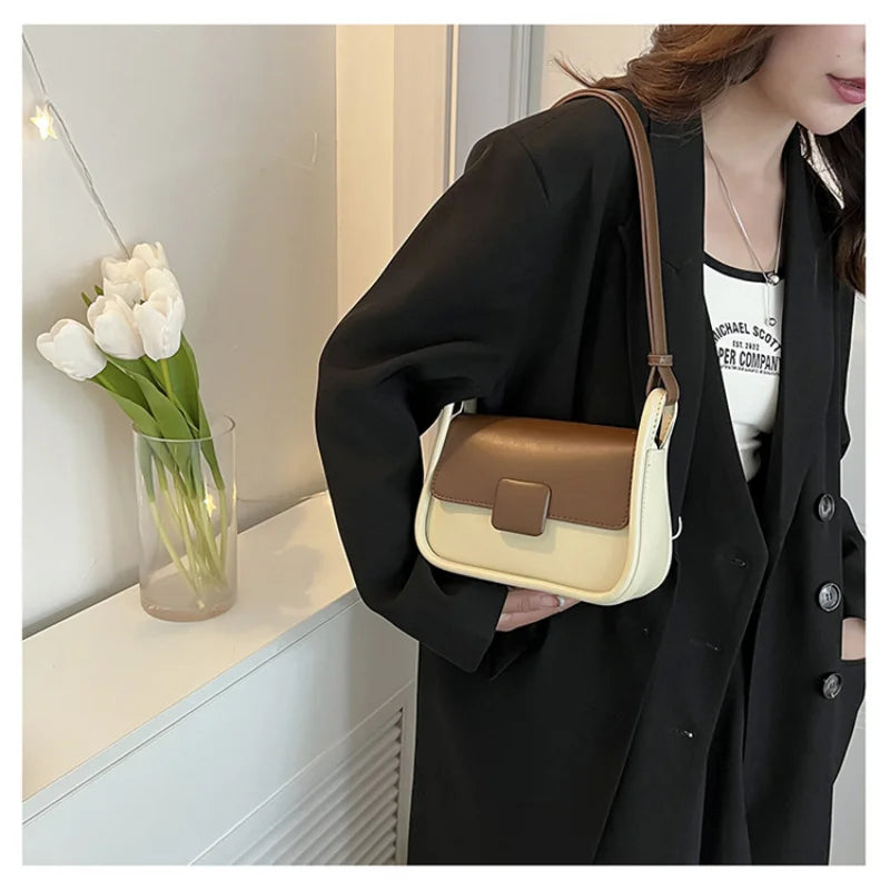 PU Leather Shoulder Square Bag Contrast Small Flap Handbag for Women