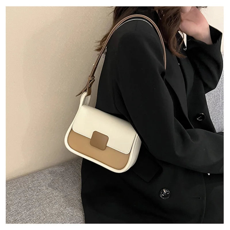PU Leather Shoulder Square Bag Contrast Small Flap Handbag for Women
