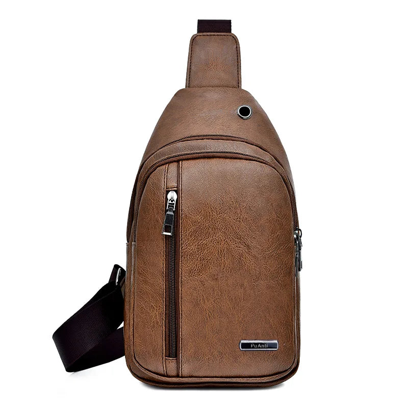PU Leather Shoulder Messenger Bag with Headphone Port Waterproof Crossbody