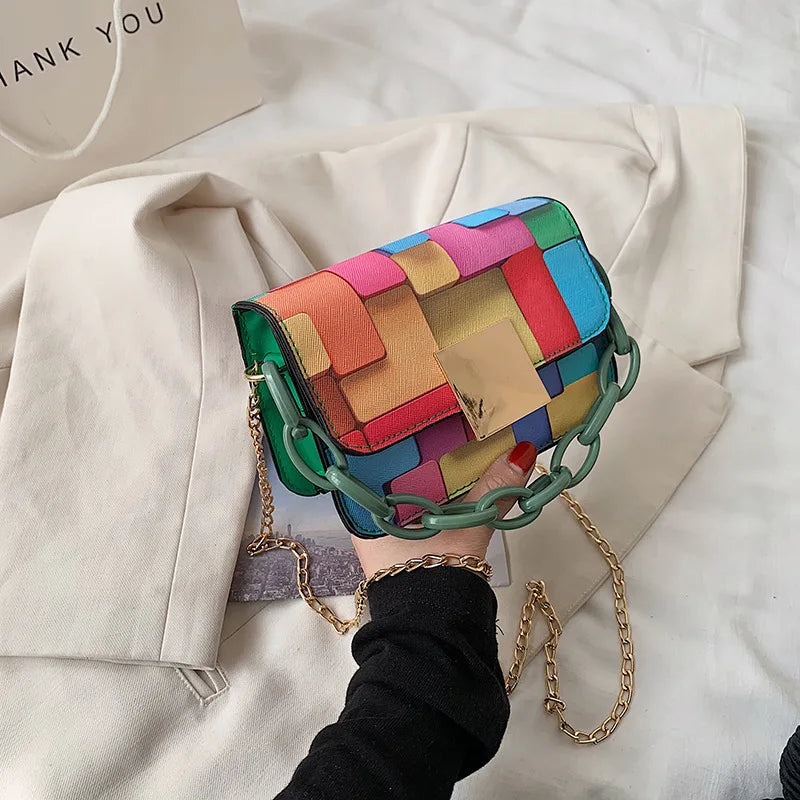 Rainbow Color Chain Crossbody Bags Casual PU Leather Handbags Girls Shoppers