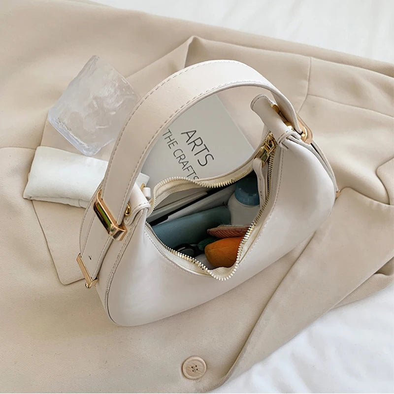 PU Leather Women Handbag Purses Double Zipper Crescent