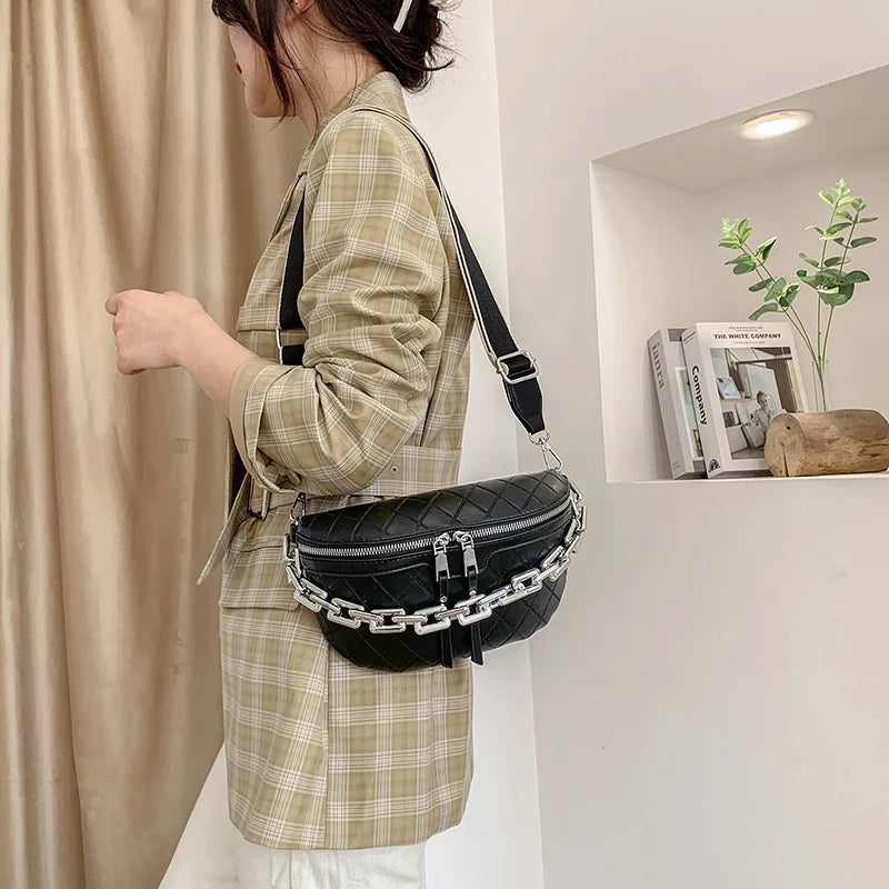 PU Leather Women Waist Bag Chain Fanny Pack Chest Bag Small Shell