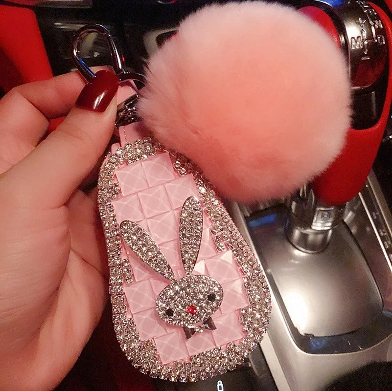 PU Leather Zipper Key Holder Diamond Rabbit Key Bag Case