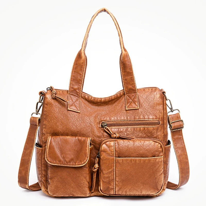 Brown PU Shoulder Crossbody Bags for Women Winter Double Pocket Handbag