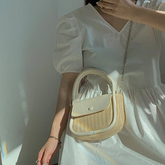 PU Splicing Straw Women Handbags Shoulder Bags Chain Tote