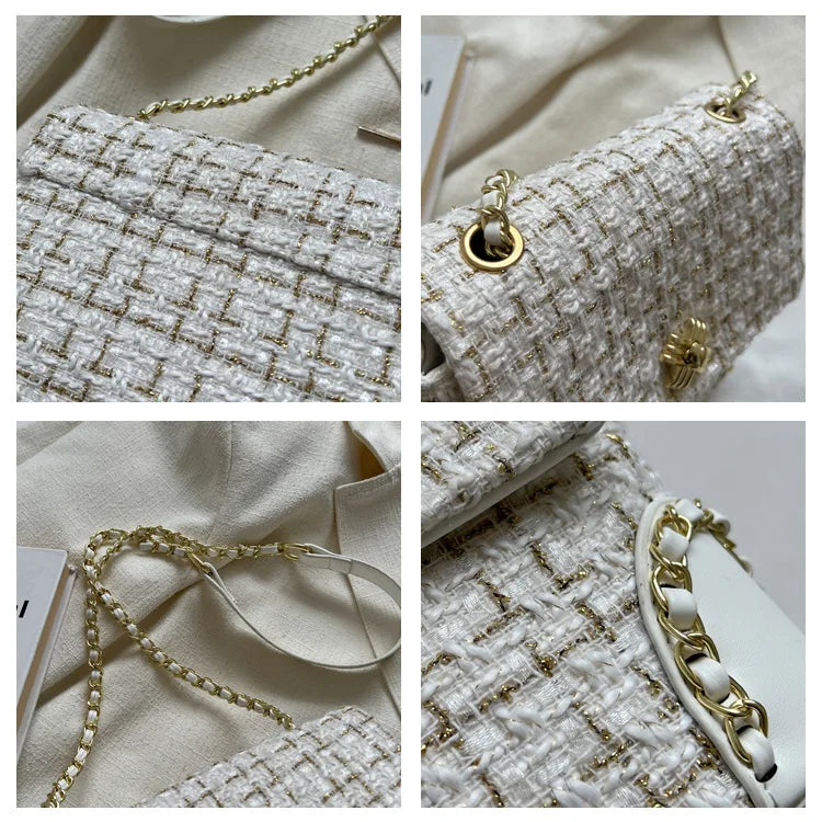 PU Tweed Ladies Chains Clutch Bags Quilted Fall Winter Shoulder Purses