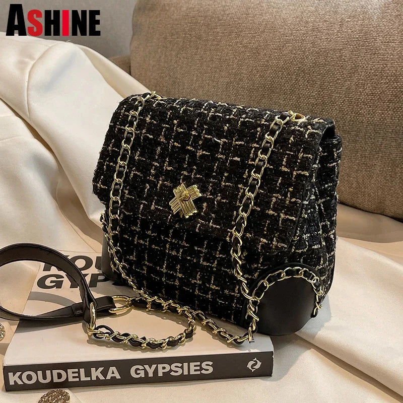 PU Tweed Ladies Chains Clutch Bags Quilted Fall Winter Shoulder Purses
