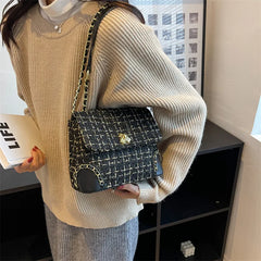 PU Tweed Ladies Chains Clutch Bags Quilted Fall Winter Shoulder Purses