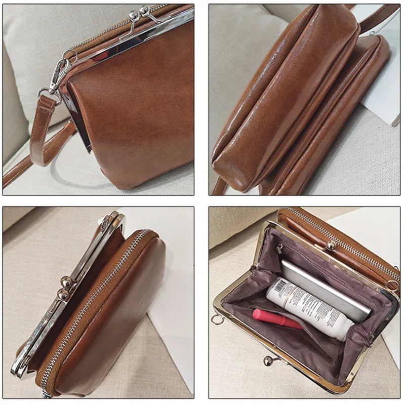 PU Women Small Shoulder Bag Clip Clutch Retro Mini Ladies Purse