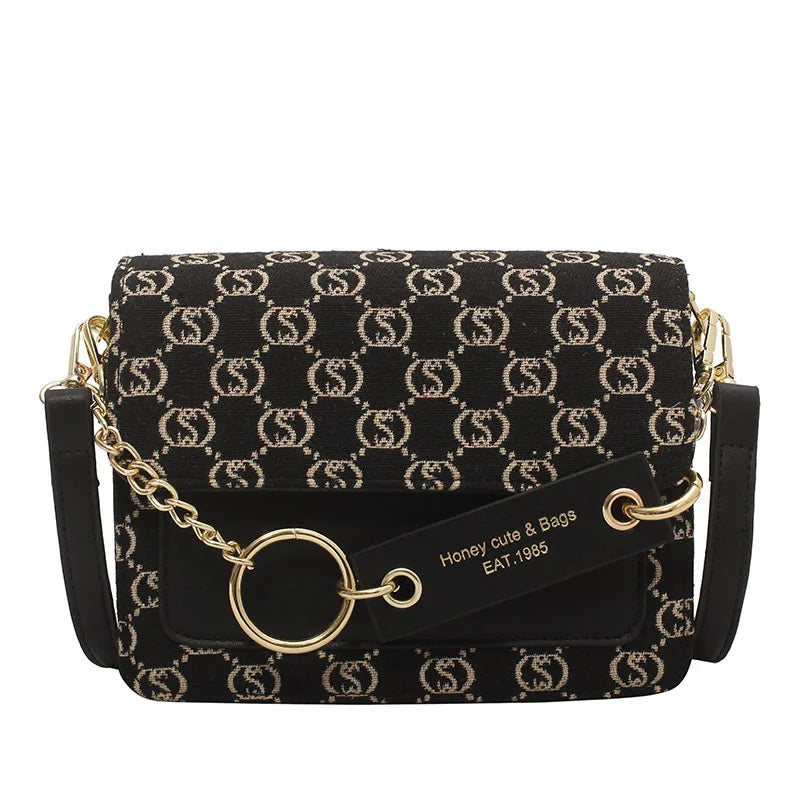 Embroidered Letter Handbag with Chain - Small Square Flip Bag