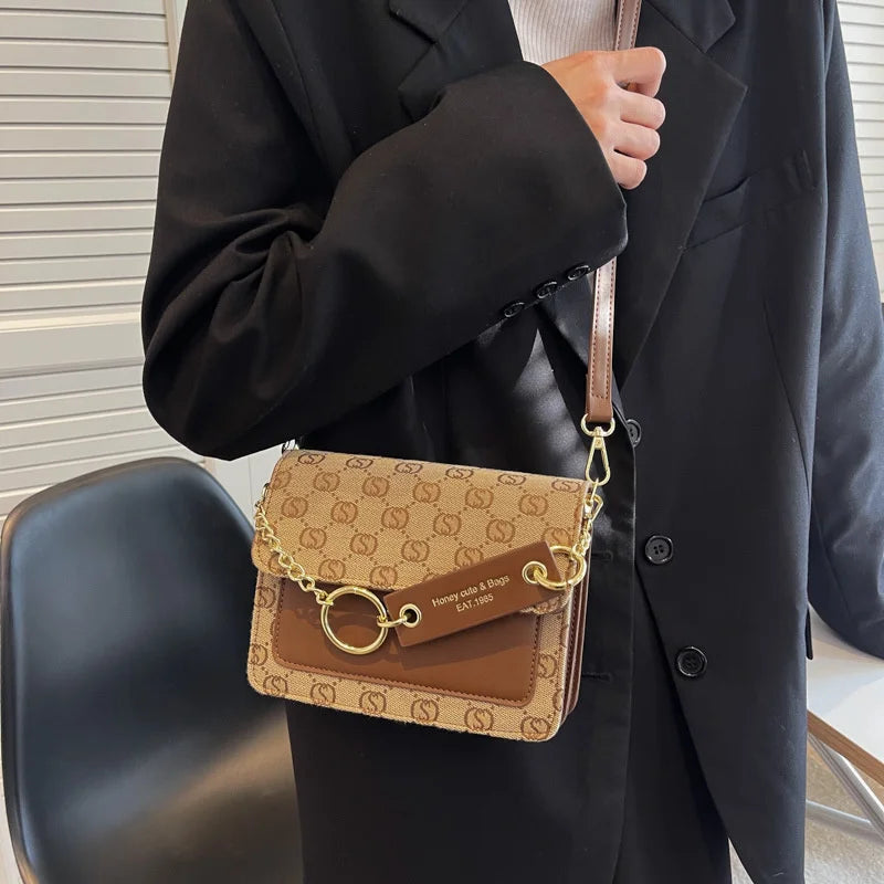 Embroidered Letter Handbag with Chain - Small Square Flip Bag