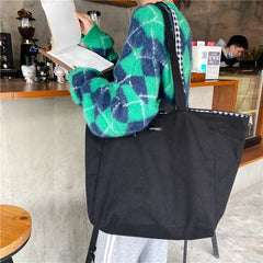 Large Women Plaid Shopping Bag Reusable Canvas Shoulder Bag 6 Colors Tote Bag