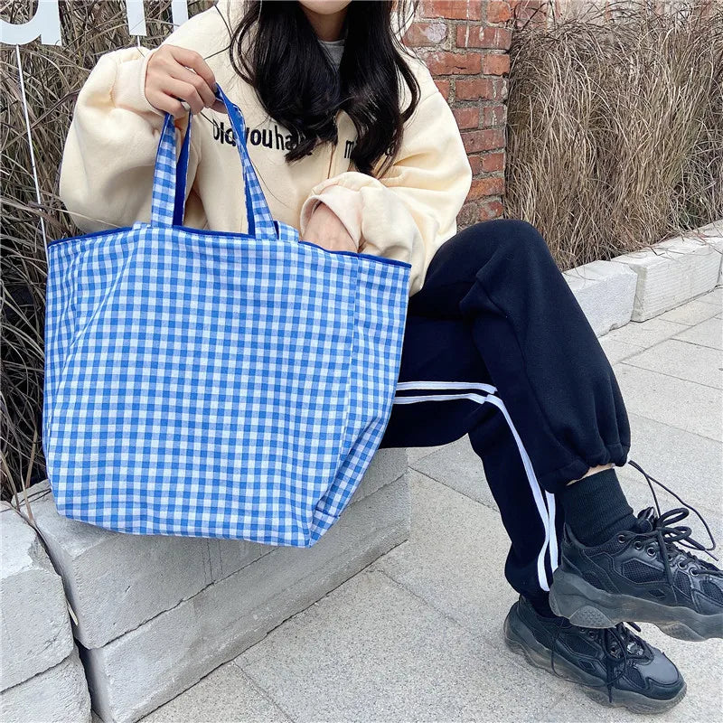 Large Women Plaid Shopping Bag Reusable Canvas Shoulder Bag 6 Colors Tote Bag