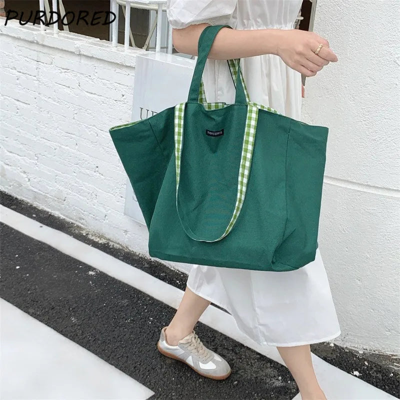 Large Women Plaid Shopping Bag Reusable Canvas Shoulder Bag 6 Colors Tote Bag