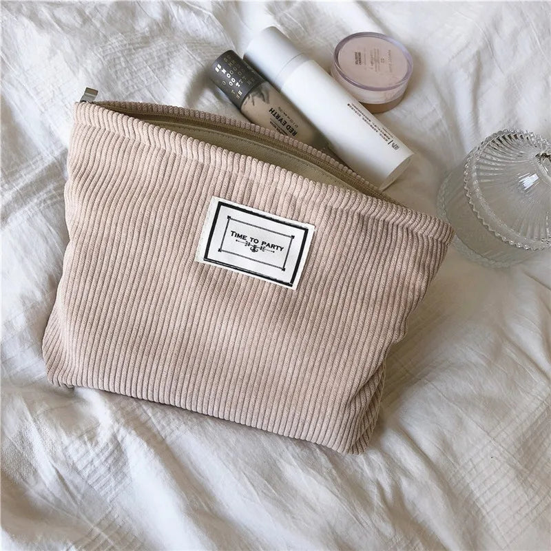 Soft Corduroy Makeup Bag Large Solid Cosmetic Travel Organizer