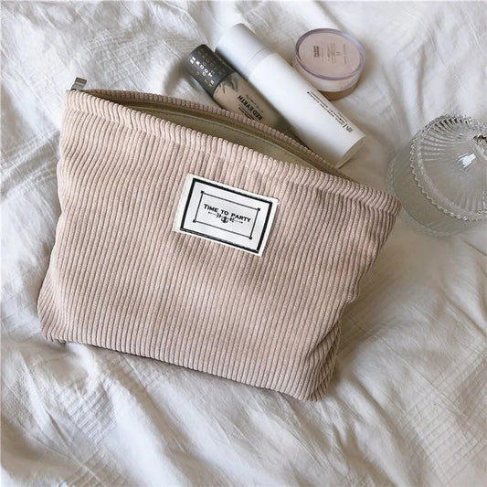 Soft Corduroy Makeup Bag Large Solid Cosmetic Travel Organizer