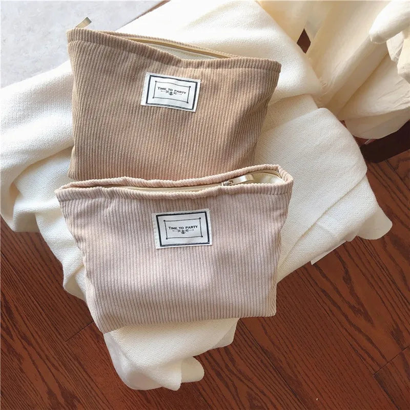 Soft Corduroy Makeup Bag Large Solid Cosmetic Travel Organizer