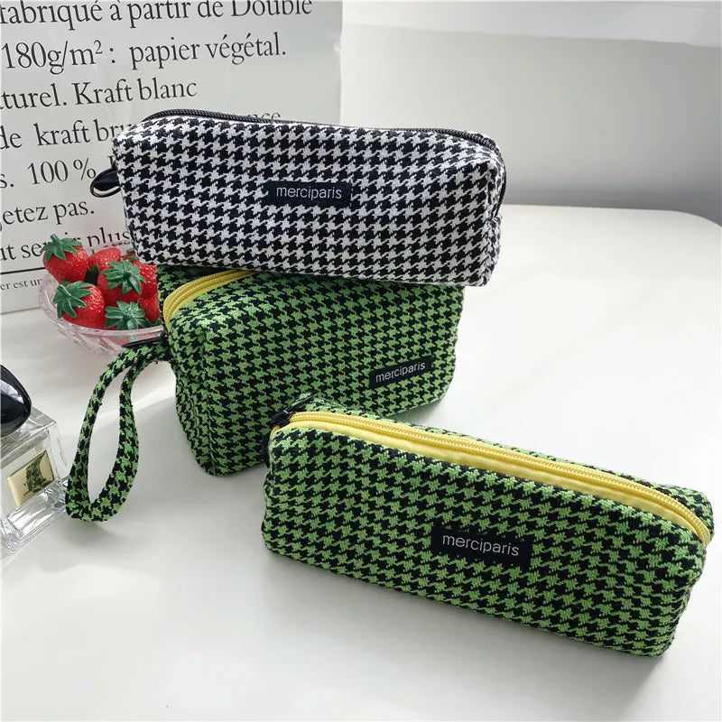 Vintage Houndstooth Makeup Bag Zipper Cosmetic Travel Beauty Case Organizer