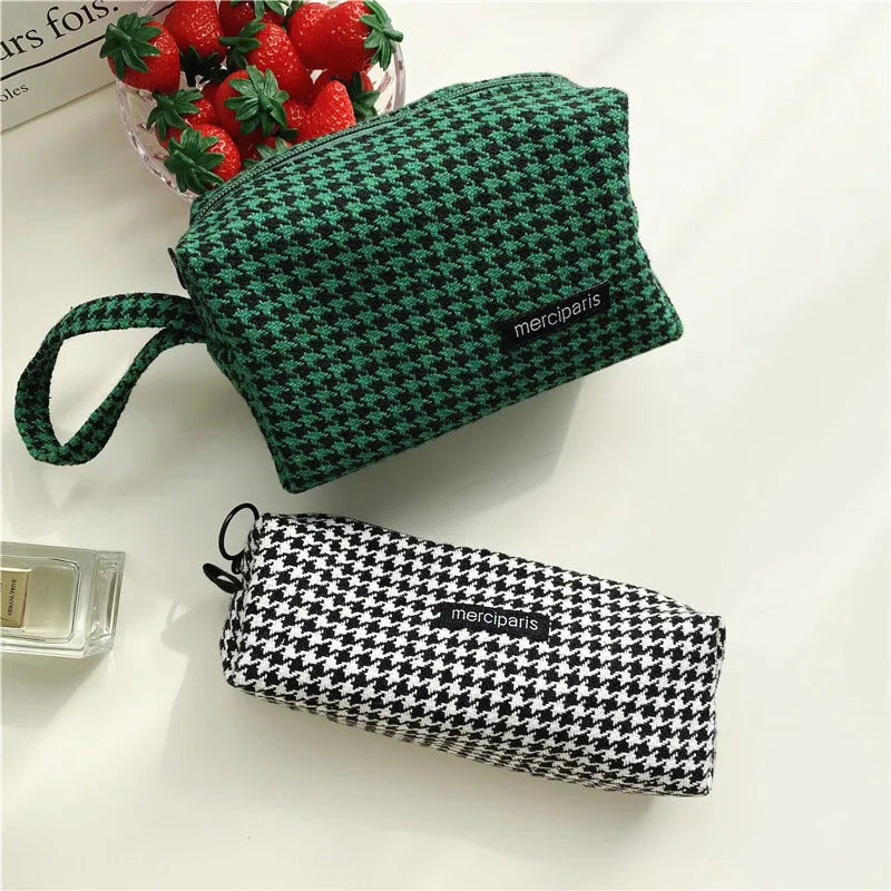 Vintage Houndstooth Makeup Bag Zipper Cosmetic Travel Beauty Case Organizer