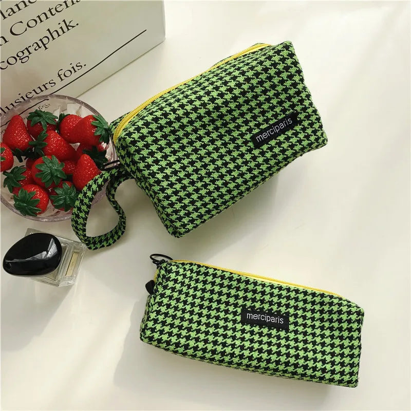 Vintage Houndstooth Makeup Bag Zipper Cosmetic Travel Beauty Case Organizer
