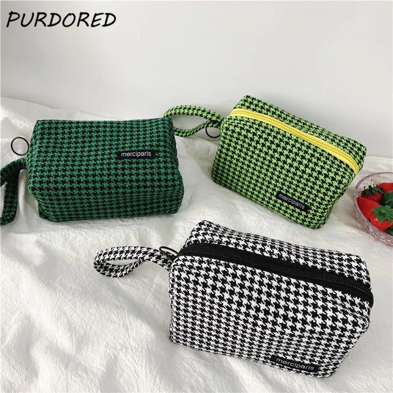 Vintage Houndstooth Makeup Bag Zipper Cosmetic Travel Beauty Case Organizer