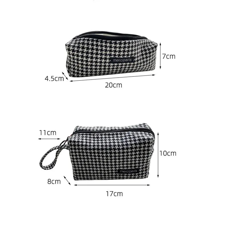 Vintage Houndstooth Makeup Bag Zipper Cosmetic Travel Beauty Case Organizer