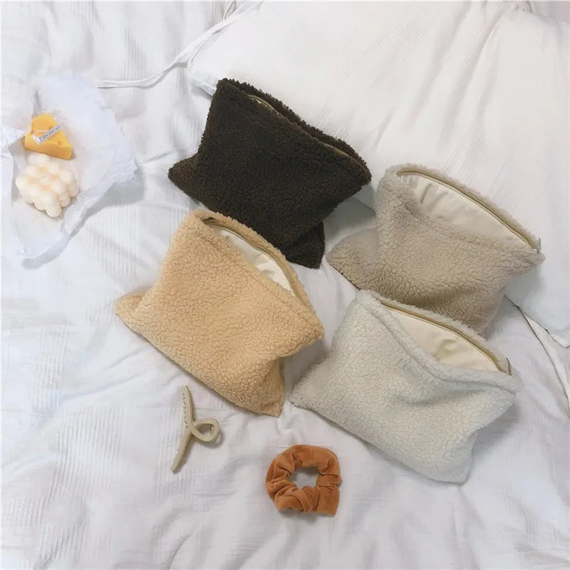 Winter Lambswool Makeup Bag Soft Wool Cosmetic Travel Handbag
