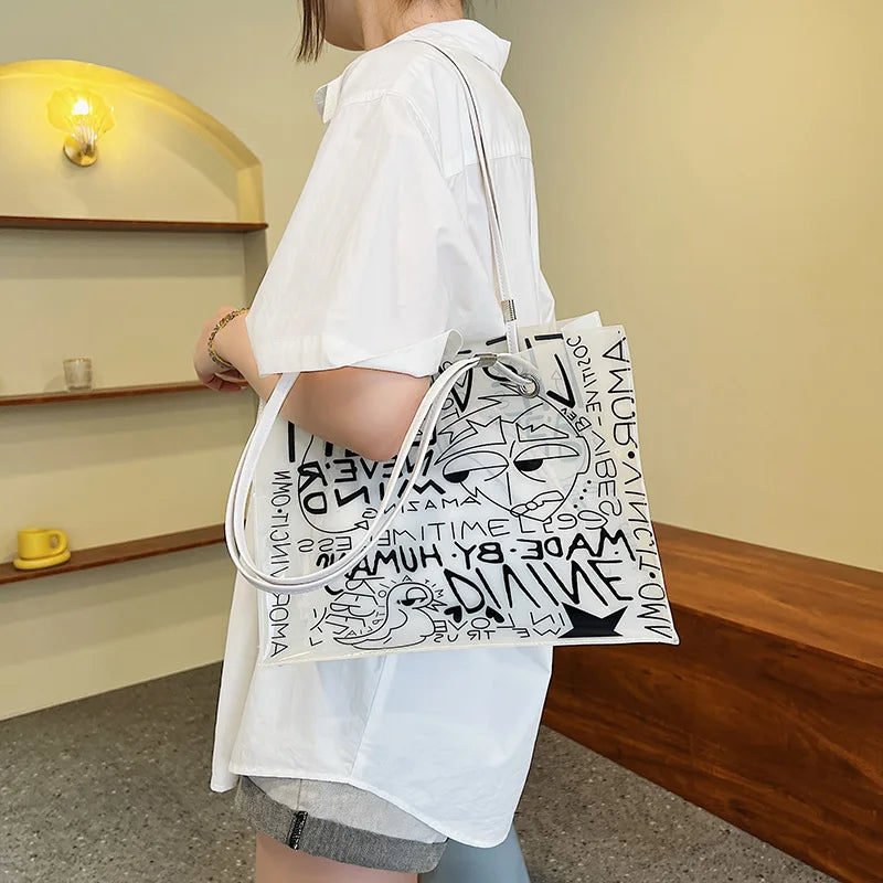 PVC Graffiti Large Shopper Shoulder Bag Eco-Friendly Grocery Handbag