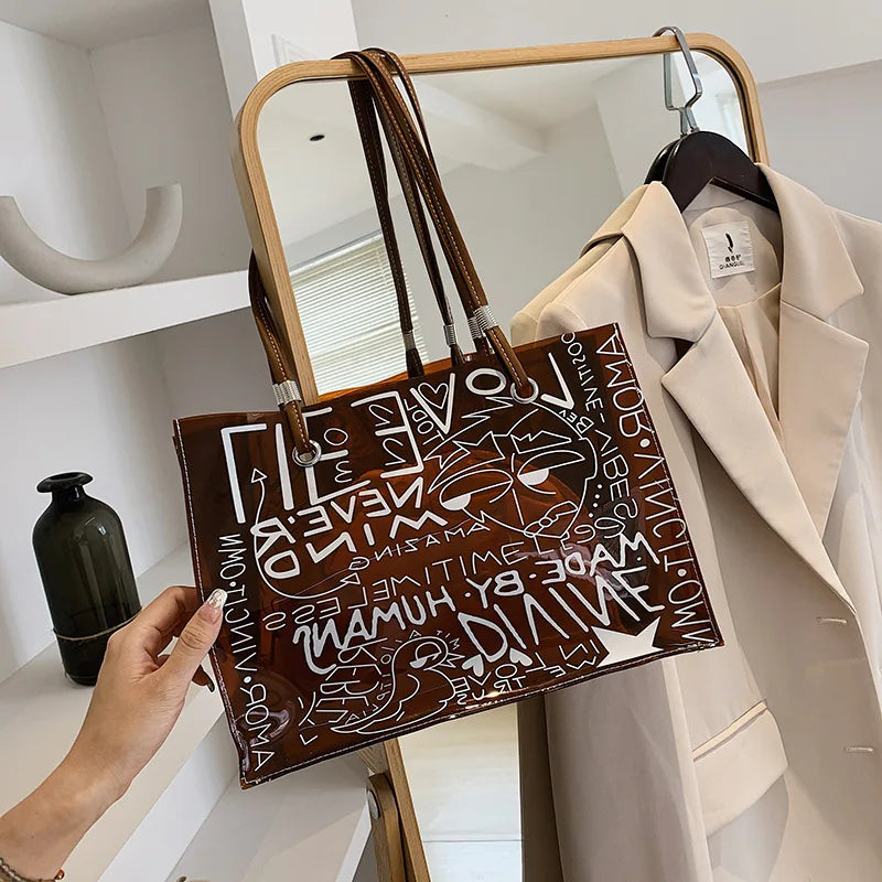 PVC Graffiti Large Shopper Shoulder Bag Eco-Friendly Grocery Handbag