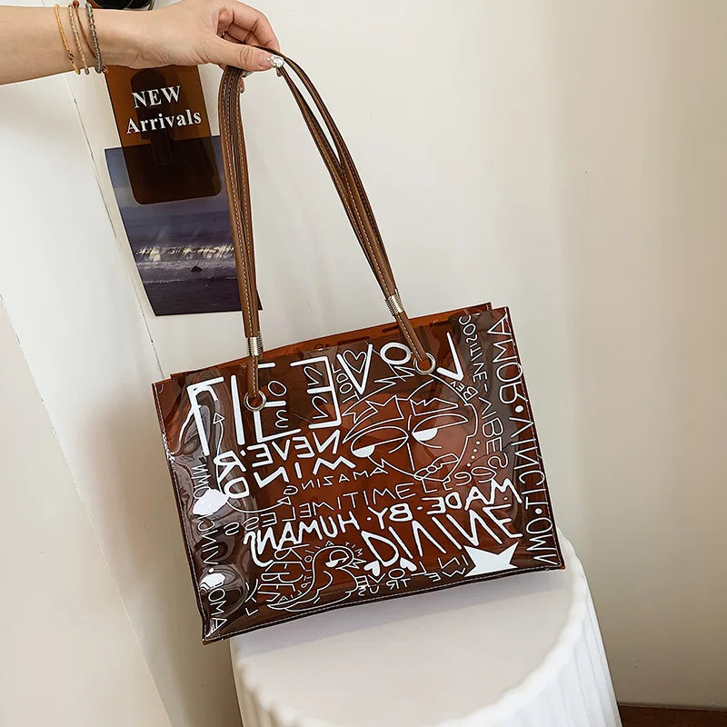 PVC Graffiti Large Shopper Shoulder Bag Eco-Friendly Grocery Handbag