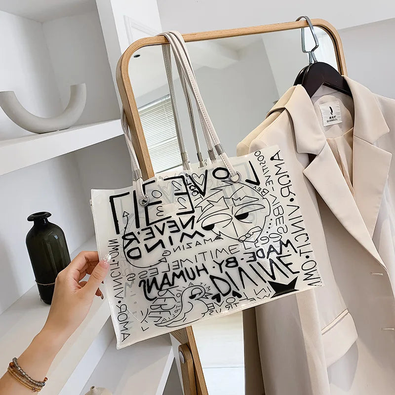 PVC Graffiti Large Shopper Shoulder Bag Eco-Friendly Grocery Handbag