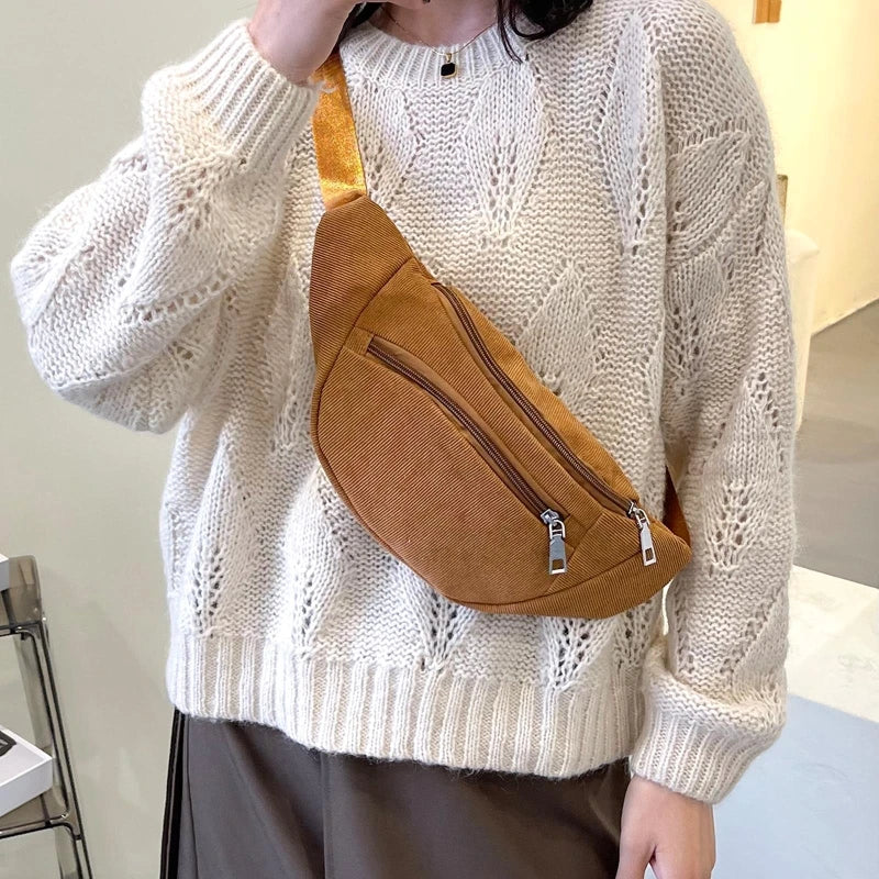 Corduroy Sling Waist Fanny Bag Zippered Sport Travel