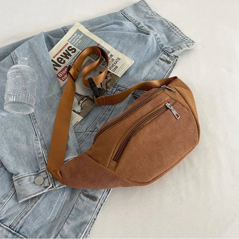 Corduroy Sling Waist Fanny Bag Zippered Sport Travel