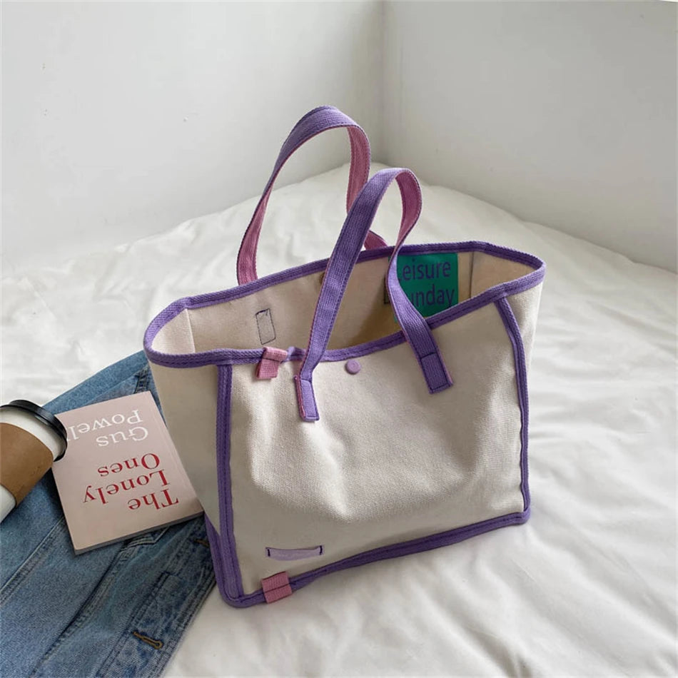 Canvas Shoulder Bag for Women Panelled Large Capacity Shopper Bag