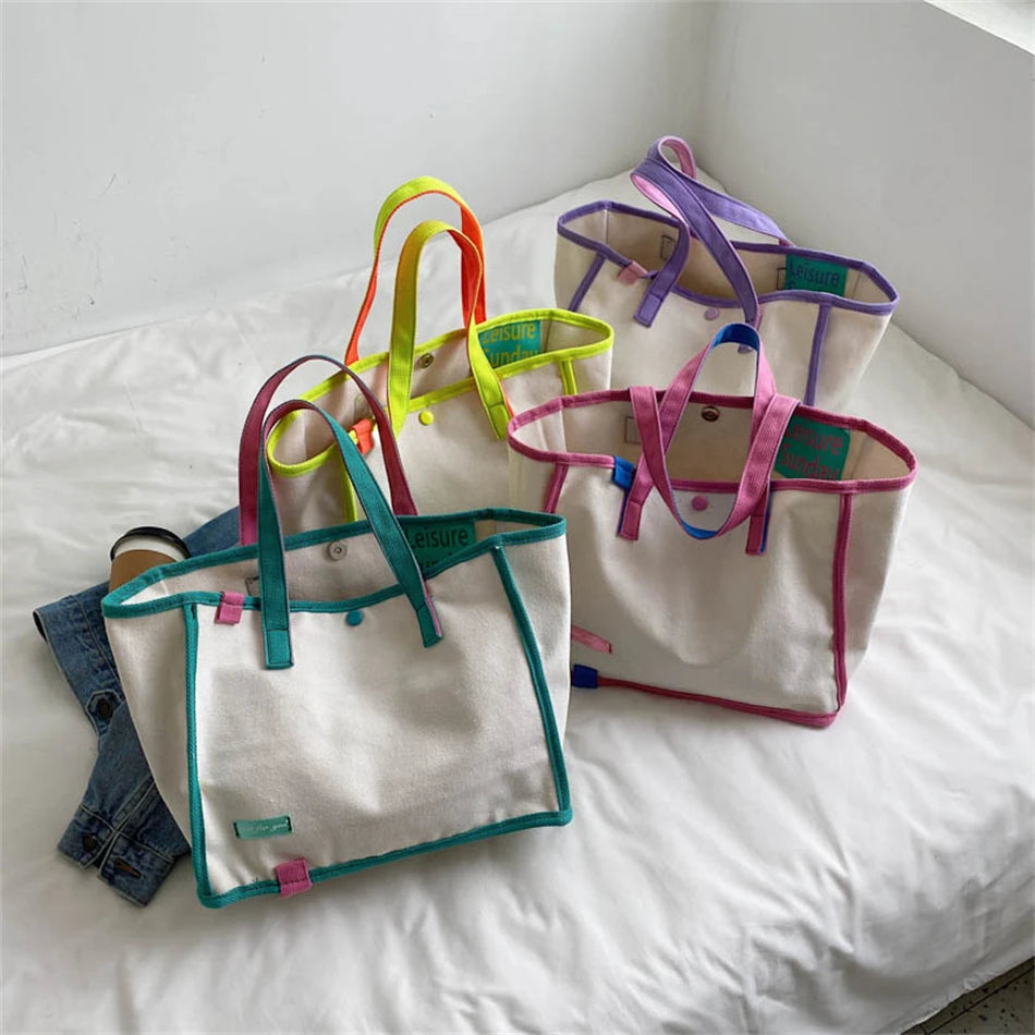 Canvas Shoulder Bag for Women Panelled Large Capacity Shopper Bag
