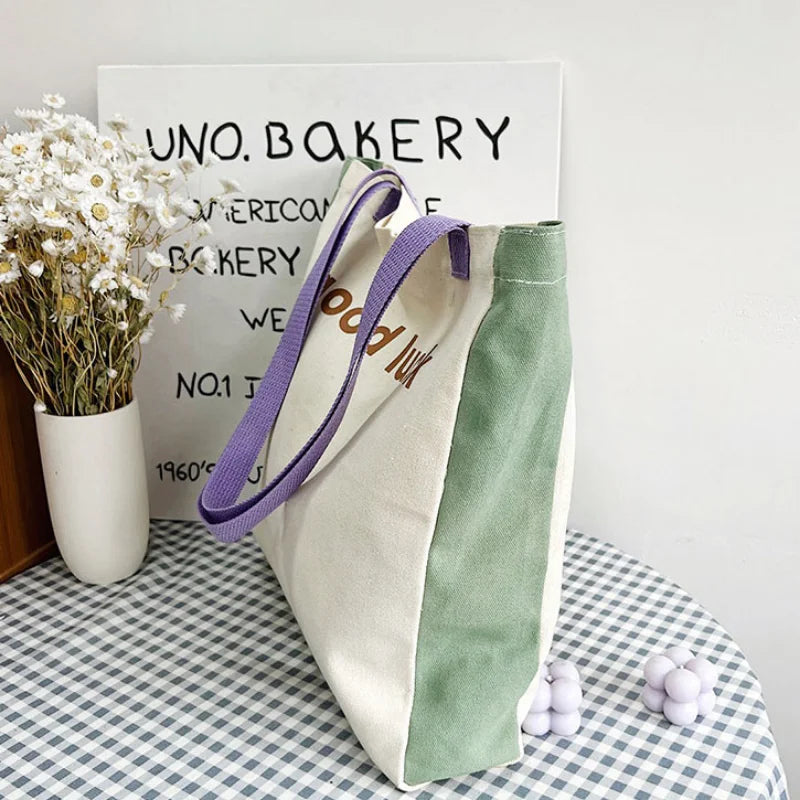 Canvas Panelled Letter Shoulder Bag Large Capacity Handbag