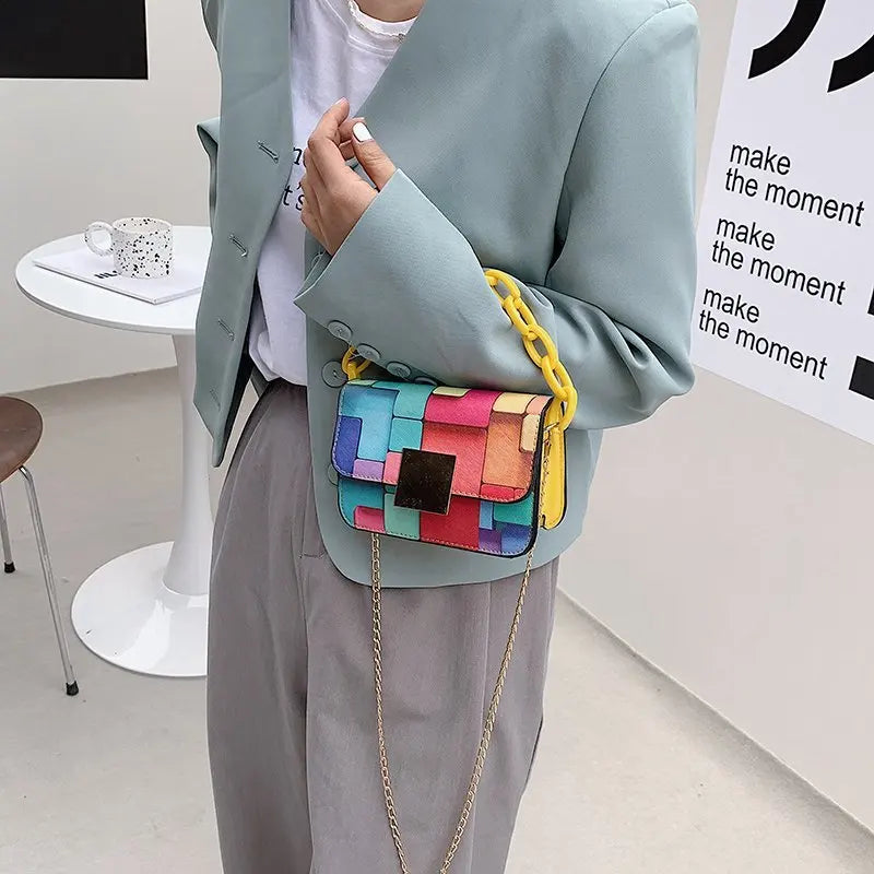 Panelled Shoulder Bag Women's Printing Chain Female Bag Mini Bag