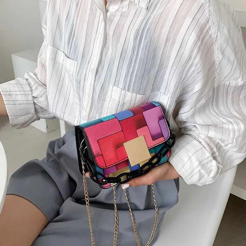 Panelled Shoulder Bag Women's Printing Chain Female Bag Mini Bag