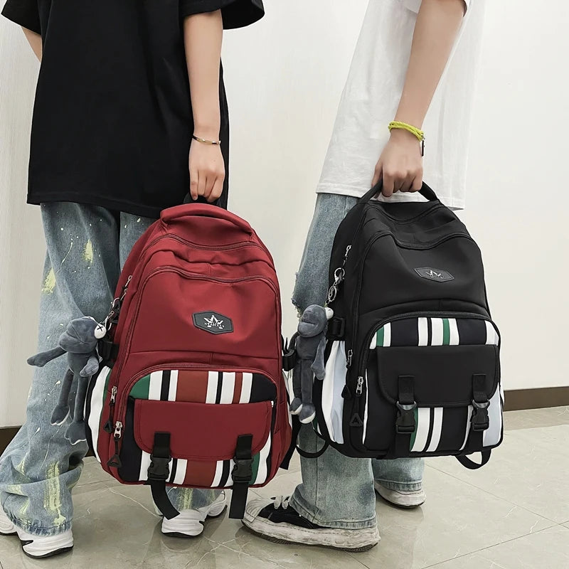Panelled Stripe Nylon Backpack Women Multiple Pockets Travel Backpack