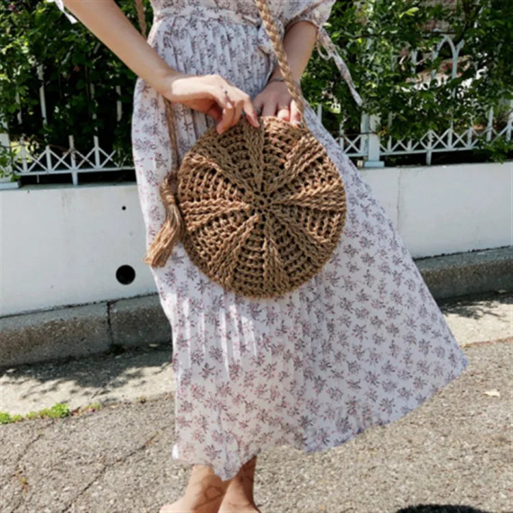 Woven Shoulder Bag Tassel Straw Crossbody Beach Bag