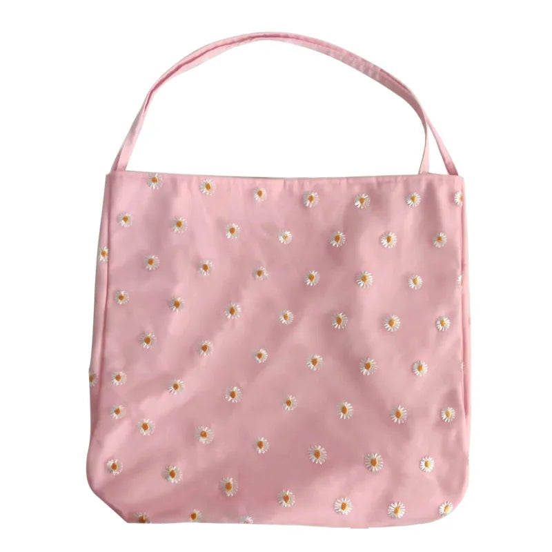 Floral Shoulder Bag Canvas Tote Large Capacity Embroidery Student Book Handbag