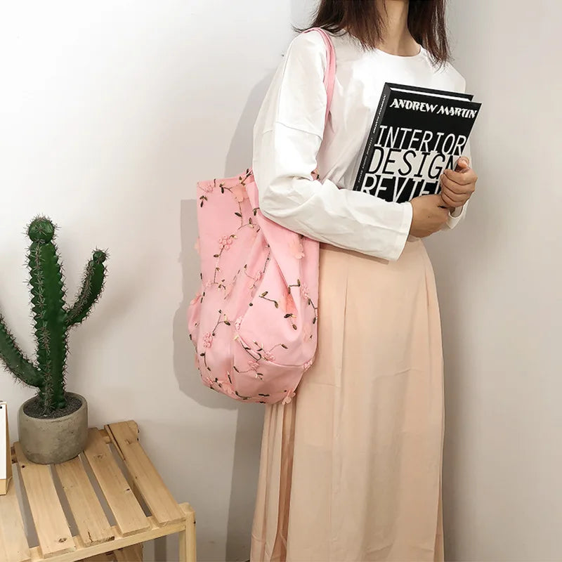 Floral Shoulder Bag Canvas Tote Large Capacity Embroidery Student Book Handbag