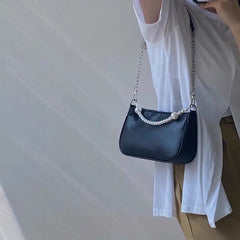 Vintage Pearls Underarm Chain Bag PU Leather Flap Handbag