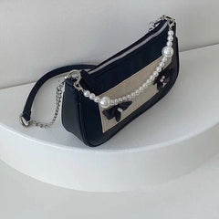 Vintage Pearls Underarm Chain Bag PU Leather Flap Handbag
