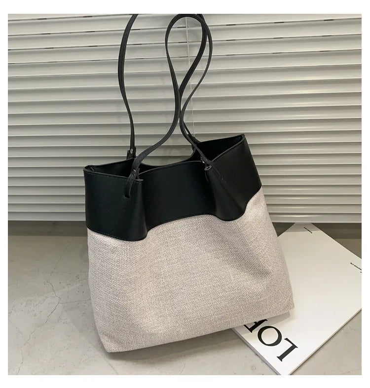 Canvas Patchwork Shoulder Bag Women Large Capacity Style Casual Tote Travel