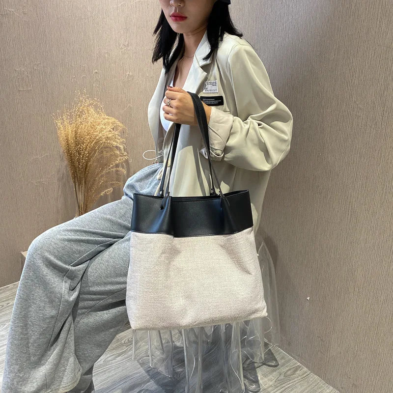 Canvas Patchwork Shoulder Bag Women Large Capacity Style Casual Tote Travel