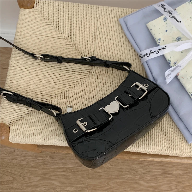 Vintage Patent Leather Women Underarm Bag Crocodile Pattern Female Handbags