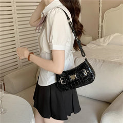 Vintage Patent Leather Women Underarm Bag Crocodile Pattern Female Handbags