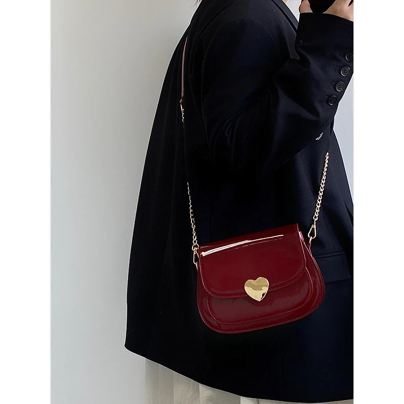 Red Patent Leather Heart Messenger Bag Retro Small Shoulder Chain Saddle Bag